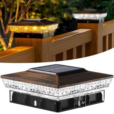 Imagem de btfarm Luzes de poste solares 4x4 para ambientes externos, 2 modos de 16 luzes de LED para postes de cerca, 1 pacote de iluminação solar à prova d'água para ambientes externos, 10 x 10 cm, madeira