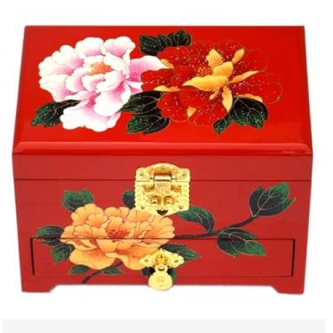 Imagem de Only My Live Home Caixa de joias pintada à mão com trava de gavetas, espelho, armazenamento de joias de madeira estilo chinês de 3 camadas com antiguidade, presente de casamento (vermelho (peônia