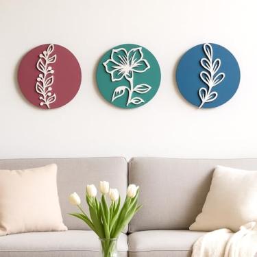 Imagem de Trio Quadros Redondos Decorativos em MDF Folhagem Moderna(Kit Colorido)