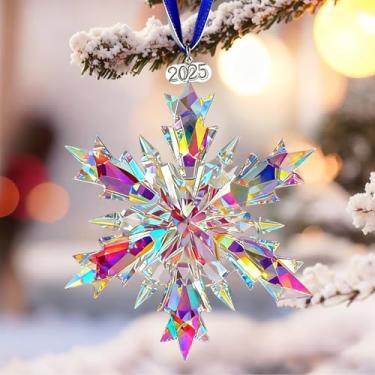 Imagem de Enfeite de Natal 2025 floco de neve de cristal, enfeites de cristal brilhante para árvore de Natal, lindos enfeites coloridos presentes para amigos da família, decoração de inverno
