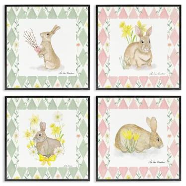 Imagem de Stupell Industries Spring Bunnies on Argyle Conjunto de arte giclée emoldurado cinza de 4 peças, design de Lee Ann Sanders, 12 x 12