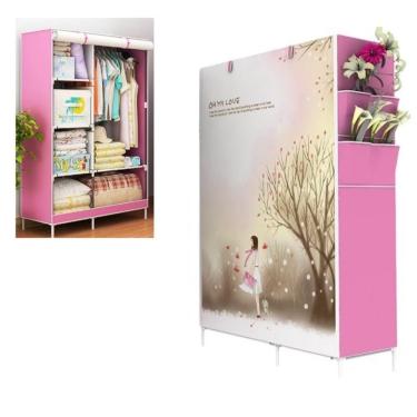 Imagem de Guarda Roupa Adulto Portatil Arara Roupeiro Infantil Organizador Cabideiro Armario Prateleiras Rosa