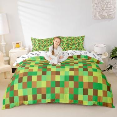 Imagem de Manfei Pixelated Grid Conjunto de capa de edredom tamanho solteiro, blocos geométricos camuflados para decoração de quarto de crianças e adolescentes, capa de edredom de jogos de mineiros, verde