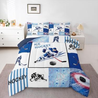 Imagem de Jogo de cama casal com estampa de jogador de hóquei no gelo, bola de inverno, esportes de inverno, para crianças, meninas, meninos, jogos competitivos, trabalho em equipe, decoração de quarto de