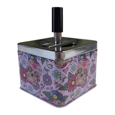 Imagem de Cinzeiro Com Tampa Basculante Giratória Reservatório Inox Sem Cheiro Quadrado Várias Estampas (Estampa Caveiras - MOD E, 1)