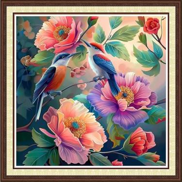Imagem de Magxvouy Kits de ponto cruz carimbados com uma gama completa de kits de bordado, kits de bordado de ponto cruz para iniciantes, kits impressos de 11 CT e flores coloridas e pássaros 45 x 45 cm