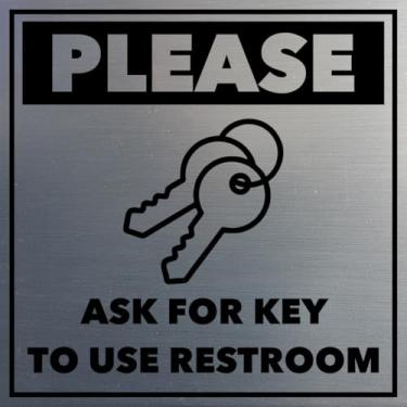 Imagem de Signs ByLITA Square Please Ask For Key To Use Placa de Parede ou Porta de Banheiro | Sinalização Pública (Prata Escovada) - Pequena