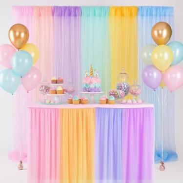 Imagem de Tingjoo 6 painéis de cortinas de fundo arco-íris pastel e saia de mesa arco-íris de 1,8 m, toalhas de mesa de tule, toalha de mesa tutu, cenário de unicórnio, cortina de tule transparente para chá de