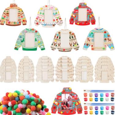 Imagem de DoubleFill 28 peças de porta-retrato de suéter feio de Natal faça você mesmo a granel de madeira 7,5 x 10 cm, kit de pintura com tinta acrílica, corda de cânhamo, enfeites de madeira para decoração de