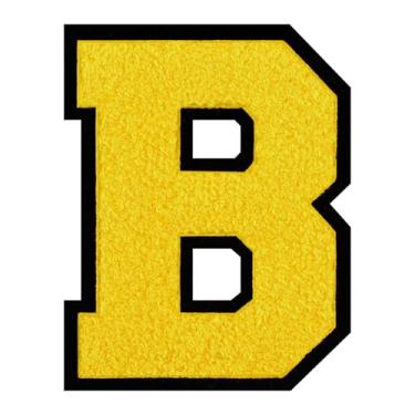 Imagem de 1 PÇ Patch de letra de chenille amarelo de 15 cm com borda preta – Remendos do alfabeto para roupas, jaquetas, mochilas, chapéus para decoração personalizada, nome personalizado e artesanato. (B)