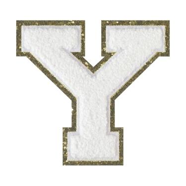 Imagem de 1 PÇ Patch de letra de chenille de ferro branco de 11,4 cm com borda dourada – Remendos do alfabeto para roupas, jaquetas, mochilas, chapéus para decoração personalizada, nome personalizado e