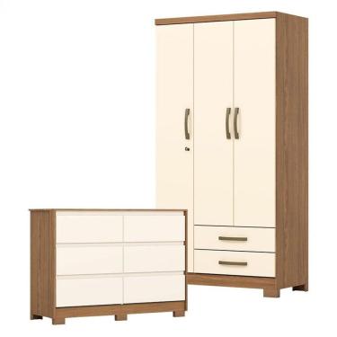 Imagem de Guarda Roupa Solteiro Açaí E Cômoda Ravenna Nature Off White - Henn