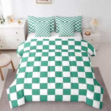 Imagem de Erosebridal Jogo de cama de solteiro xadrez verde em uma bolsa, 7 peças, branco, esmeralda, verde, xadrez, buffalo, quadriculado, conjunto de edredom com lençol para crianças e adultos