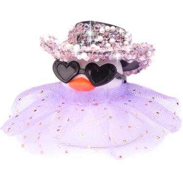 Imagem de MuMyer Ornamento de carro de pato de borracha, acessórios de decoração de painel de carro de pato branco fofo com mini chapéu de sol e saia