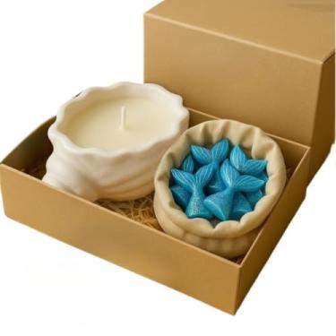 Imagem de Kit Vela Aromática Concha com Wax Melts Marinhos | Mini Estrela-do-Mar, Golfinho, Sereia (2,cauda de sereia azul)