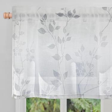 Imagem de Beauoop Cortinas de linho floral para cozinha, sala de estar, flor cinza, semitransparente, para quarto, café, quinta, filtro de luz, bolso para varão, voile, cortinas de tratamento de janela pequena
