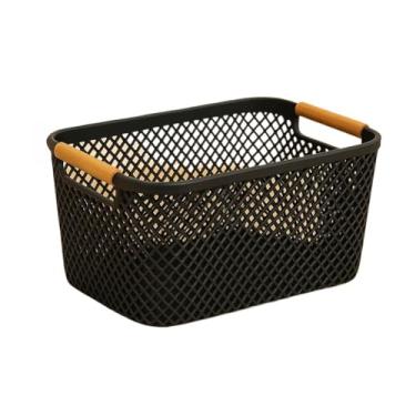 Imagem de Cesto Organizador de Plástico com Alça de Bambu – Preto ou Branco, Tamanhos M e G Cozinha Banheiro(PRETO ELEGANTE G-37cmx23x14cm)