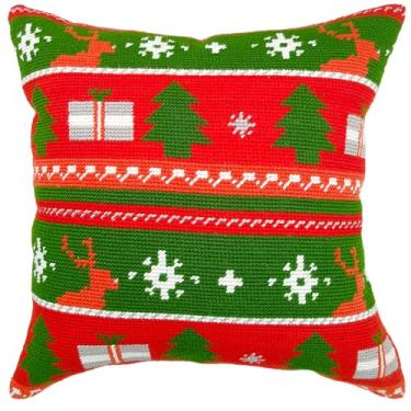 Imagem de Howie's Needlepoint Kits de bordado de Natal para adultos, kit de ponto cruz frontal de travesseiro com padrão de bordado em tela, fio, 2 agulhas e instruções, 40,6 x 40,6 cm (presentes de rena)