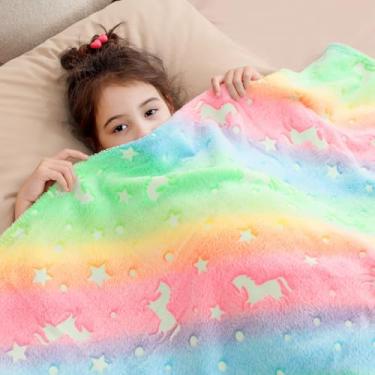 Imagem de Athaelay Cobertor que brilha no escuro para crianças, meninas, meninos, presente para aniversário, Natal, Dia das Bruxas (unicórnio arco-íris, 76 cm x 101 cm)