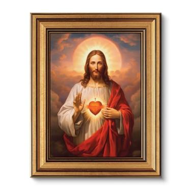 Imagem de Arte de parede vintage com moldura dourada de Jesus Sagrado Coração de Jesus Imagem Decoração de parede Divina Misericórdia Impressão em tela Retrato de Cristo Arte Religiosa Cristã para Sala de Estar
