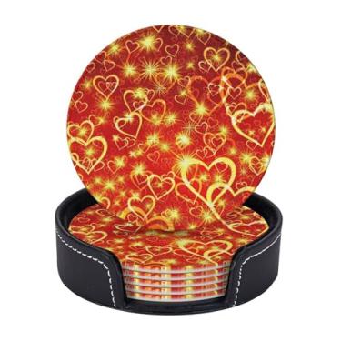 Imagem de BOXIMIAO Porta-copos com suporte, conjunto de 6, porta-copos absorventes de couro PU amarelo vermelho com base de cortiça porta-copos redondos para decoração de casa, apartamento, cozinha, bar