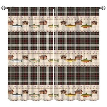 Imagem de Cortinas retrô de peixe rústica cabana cabana de madeira varas de pesca isca de pesca vintage padrão sudoeste cortinas de janela para quarto sala de estar cozinha café (L50 x C 114 cm) x 2 decoração