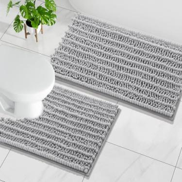 Imagem de Arotive Conjunto de 2 peças de tapetes de banheiro de chenille, tapete de banho felpudo absorvente extra macio e em forma de U, antiderrapante para lavagem à máquina e seco para banheiro, cinza claro
