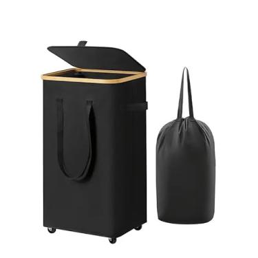 Imagem de Cesto de roupa grande com rodas, cesto de roupa rolante de 60 L com tampa e alça, cesto de roupa móvel resistente, design fino com rolamento com bolsa removível (preto)