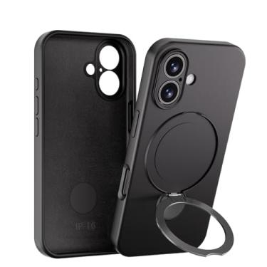 Imagem de Saiuxiu Capa para iPhone 16, capa magnética de silicone com suporte de anel de 360°, compatível com MagSafe, à prova de choque e proteção total da câmera, preto obsidiana