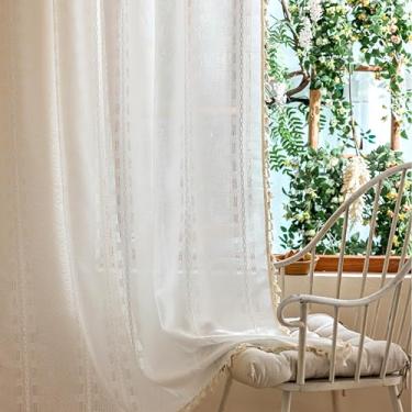 Imagem de Cortinas transparentes brancas Boho 182,88 cm de comprimento, 2 painéis para quarto, filtragem de luz, semitransparente, boêmia, francês, country, privacidade, borlas, vintage, chique, bordadas, abas