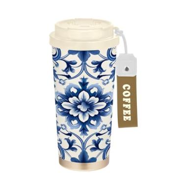 Imagem de Blueangle Caneca de café azul vintage com isolamento térmico - copo de aço inoxidável à prova de vazamento e derramamento para acampamento e ar livre, garrafa de água reutilizável de 500 ml com tampa