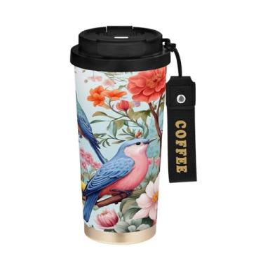 Imagem de SEHANY Caneca de café de viagem Flores e pássaros de 482 g com tampa revestida de cerâmica e à prova de vazamento, parede dupla, copo de aço inoxidável isolado a vácuo para bebidas quentes e frias