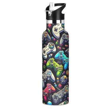 Imagem de ATTX Vários gamepads garrafa de água com tampa de palha, copo de aço inoxidável de 590 ml isolado para viagens, ao ar livre #344