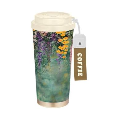 Imagem de SEHANY Caneca de viagem vintage com flores de jardim de 482 ml, copos de café reutilizáveis revestidos de cerâmica com tampa à prova de vazamento, parede dupla, isolamento a vácuo, copo de café de aço