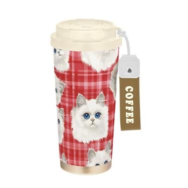 Imagem de SEHANY Caneca de viagem de gato gatinho fofo de 482 g xícaras de café reutilizáveis revestidas de cerâmica com tampa à prova de vazamento, parede dupla, isolamento a vácuo, copo de café de aço