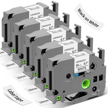 Imagem de Pacote com 5 fitas adesivas brancas laminadas 0,7 de 18 mm para TZe-241 Brother Label Maker, compatível com Brother Labels Maker P Touch PT-D210 PT-H110 PT-D220 PT-D400, preto sobre branco