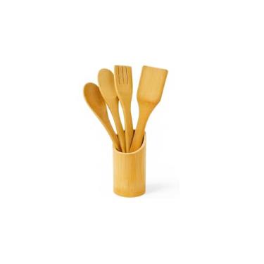 Imagem de Kit 5 Peças Utensílios de Cozinha de Bambu, com Cepo Organizador, Colher, Colher com Bico, Espátula, Garfo, 275g
