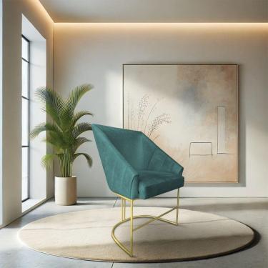 Imagem de Poltrona Decorativa Alana Suede Azul Turquesa Base De Ferro Dourado - Pallazio