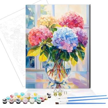 Imagem de bestact Kits de pintura de hortênsia emoldurada por números para adultos, pintura de flores por números com moldura para iniciantes em tela, kits de pintura DIY fáceis para decoração de parede de casa