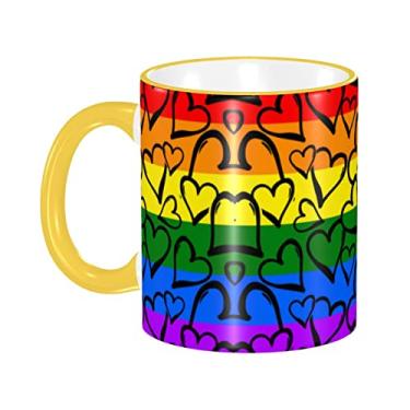 Imagem de Ourdovi Gay Pride Caneca de café expresso de cerâmica com estampa de arco-íris, caneca de cerâmica revestida DIY, para café, sopa, chá, leite, latte, cacau quente, colorido divertido 340 g.