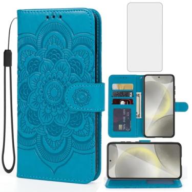 Imagem de Bohefo Capa para Galaxy S25, capa carteira para Samsung S 25 5G com protetor de tela de vidro temperado, suporte para cartão de crédito de couro mandala para Samsung Galaxy S25 azul