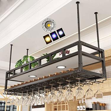 Imagem de Rack de exibição de vinho moderno montado na parede com 2 camadas de teto com luzes de néon Suporte de copo de vinho pendurado de cabeça para baixo, suporte de garrafa de vinho para decoração de rack
