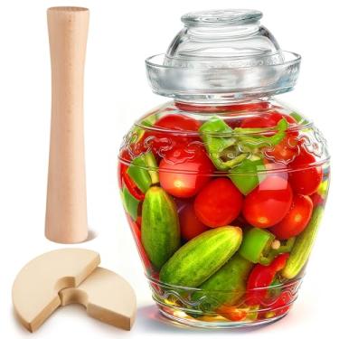 Imagem de LemonRoad O kit de fermentação de 4 peças inclui um pote de vidro para picles de 4,9 L com tampa de vedação de água e 2 peças de peso de fermentação e batedor de chucrute para decapagem, legumes