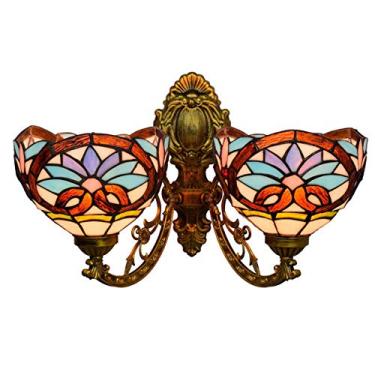 Imagem de Luminária de parede estilo Tiffany com 2 braços, design barroco vintage e cúpulas de vitral de 20 cm (8 polegadas) para quarto, sala de estar, corredor e varanda, soquete E27.
