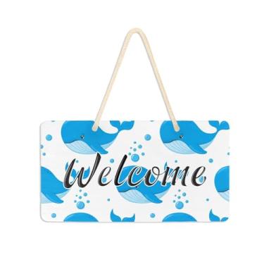 Imagem de Burbuja Placa de boas-vindas de baleias azuis para porta da frente, placa de boas-vindas de PVC para decoração de férias, 15 x 28 cm