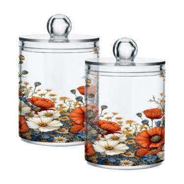 Imagem de STAYTOP 2 peças lindas flores silvestres dispensador Qtip boticário frascos banheiro com etiquetas – recipiente de armazenamento Qtip recipiente de plástico transparente acrílico para bola de algodão