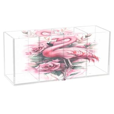 Imagem de Burbuja Porta-canetas de acrílico Flamingo Roses, 4 compartimentos, suporte de lápis transparente para pincéis de maquiagem, acessórios de mesa de escritório em casa