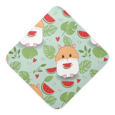 Imagem de Burbuja Toalha de banho de bebê com desenho animado de hamster desfrutando de melancia - Toalha com capuz de musselina macia e absorvente para recém-nascido, 76 x 76 cm