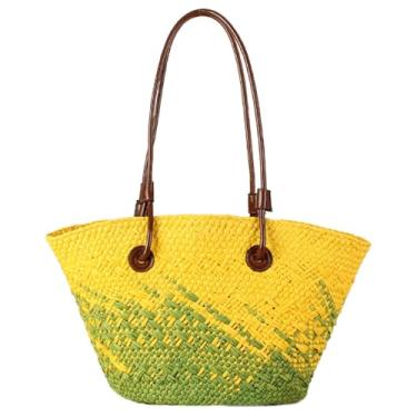 Imagem de Bolsa feminina de palha, bolsas de praia de verão, bolsa de ombro feita à mão, bolsa de ombro tecida, bolsas grandes de palha, Amarelo