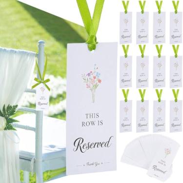 Imagem de CREATCABIN 2 conjuntos de placas de cadeiras reservadas com fita verde Esta fileira é reservada para assentos pendurados placas de cadeira para recepção de casamento, eventos de igreja, bancos